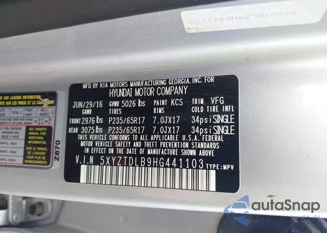 2017 Hyundai Santa Fe Sport 2.4L из США, поврежденный, VIN 5XYZTDLB9HG441103